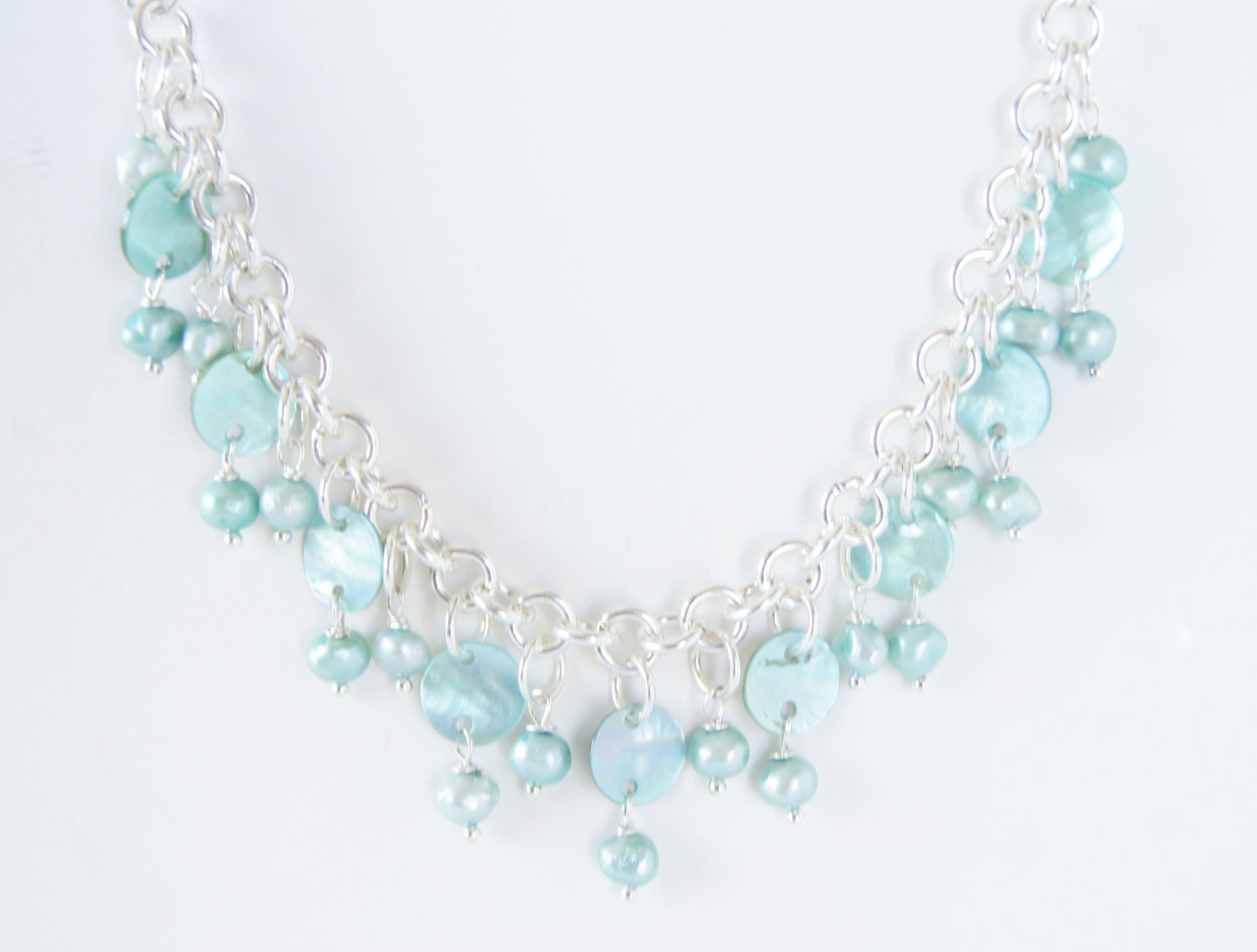 Aqua Mother of Pearl Coins Freshwater Pearls Dangle Necklace, Turquoise, Women's Fashion, Wedding, Aqua, Blue