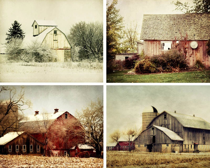 Set of Four Barn Photographs - country barns red barn white barn coordinated photo collection print set home decor 8x10