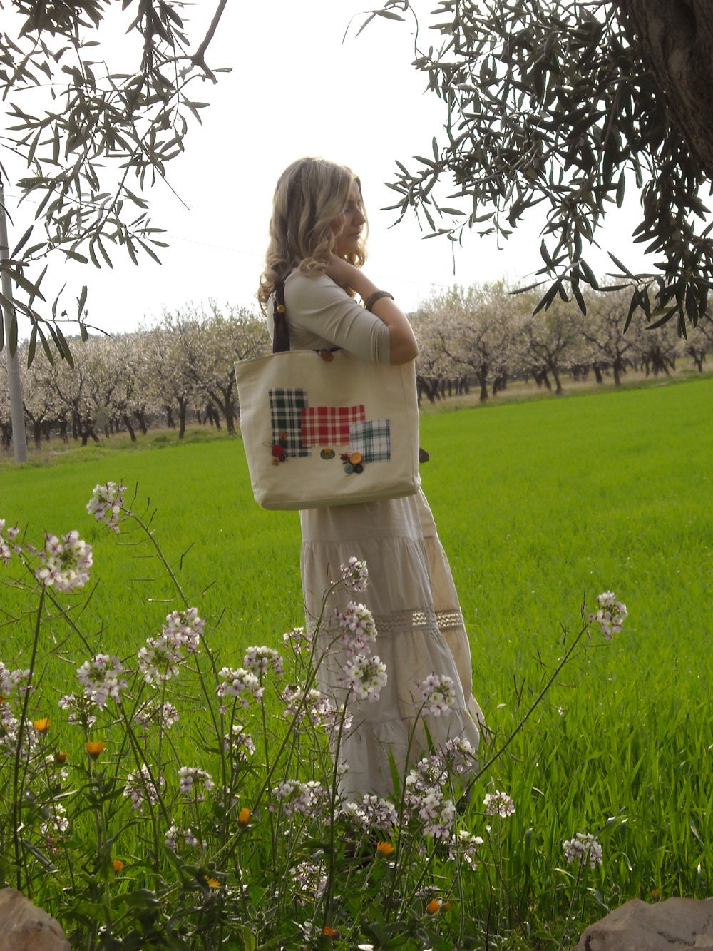 Multi pockets large canvas linen natural tote