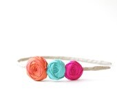 Happiness Romance Rosette Headband Blue Silks Curacao Blue Summer Glow and Fuchsia Hot Pink Headdress Rosette Headband