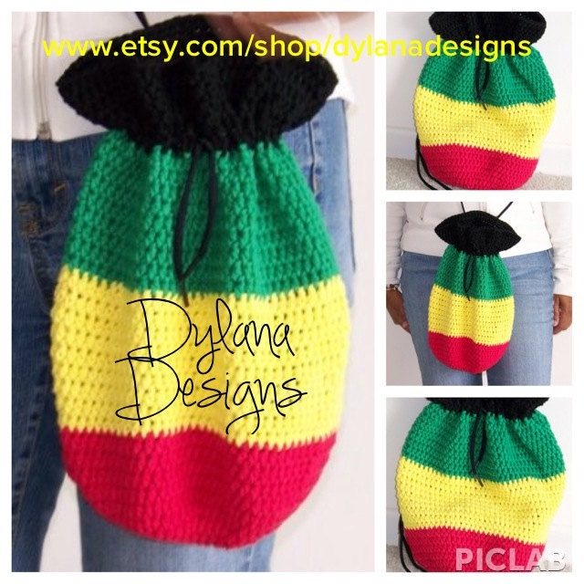 Handmade Crochet Bag with Drawstring in Roots Rasta Colours