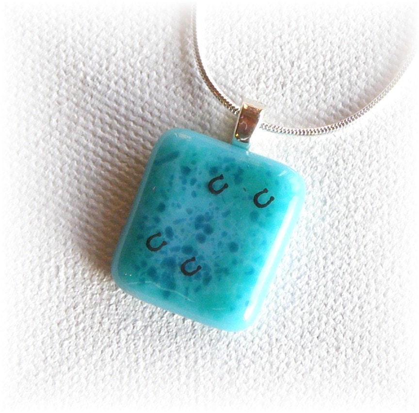 Fused Glass Pendant Necklace - Aqua Blue with Horseshoe Print Decals