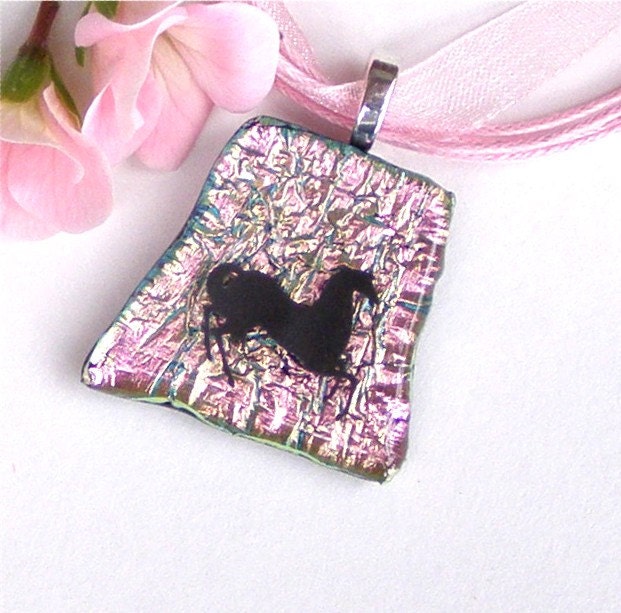 Pink Dichroic Fused Glass Pendant Necklace with Black Horse Decal