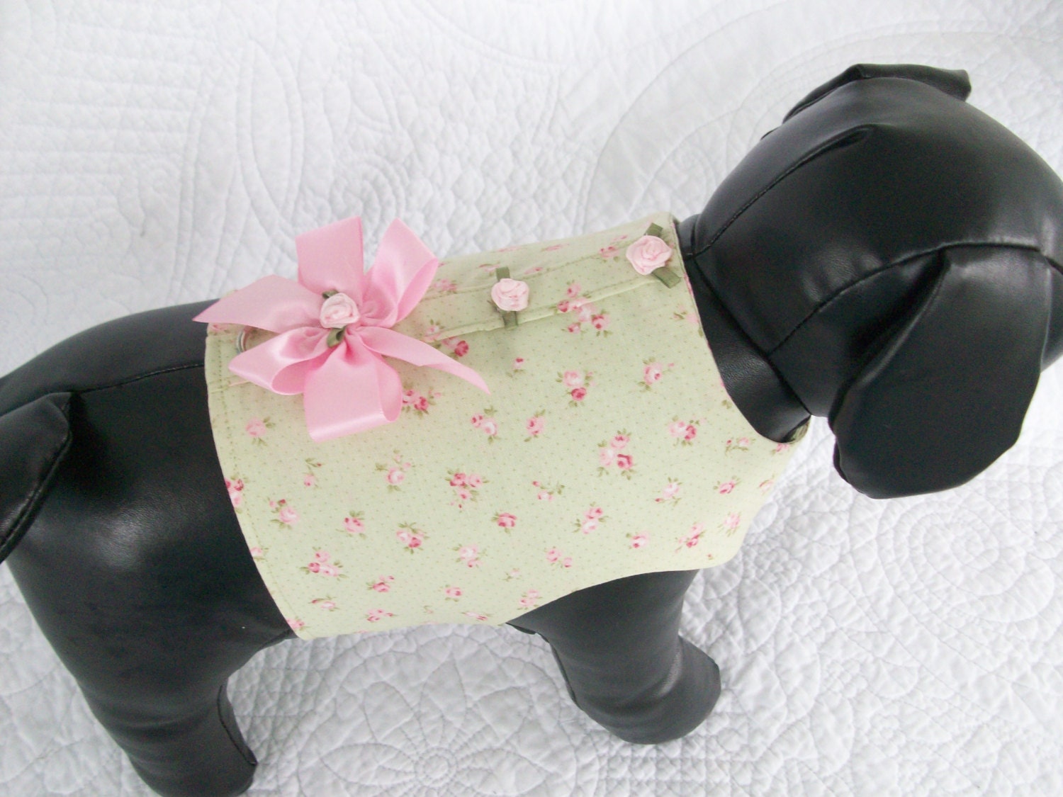 Shabby Chic  Spring Dog harness Sage Green with Pink Roses  Dog or Cat  Harness Custom Made