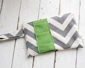 Grey Chevron Wristlet with Green Ruffle