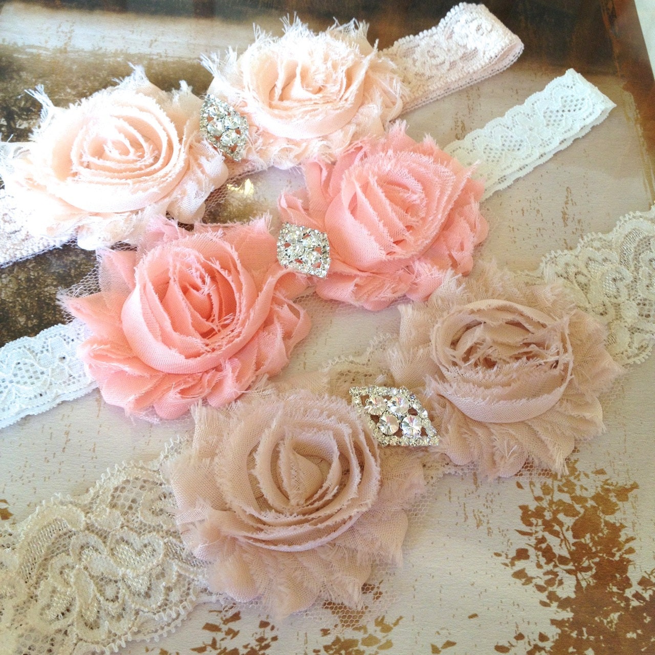 Shabby chic jeweled vintage pink, vintage peach, champagne, white, ivory, navy, black, gray,  pink stretch headband. 45 colors.