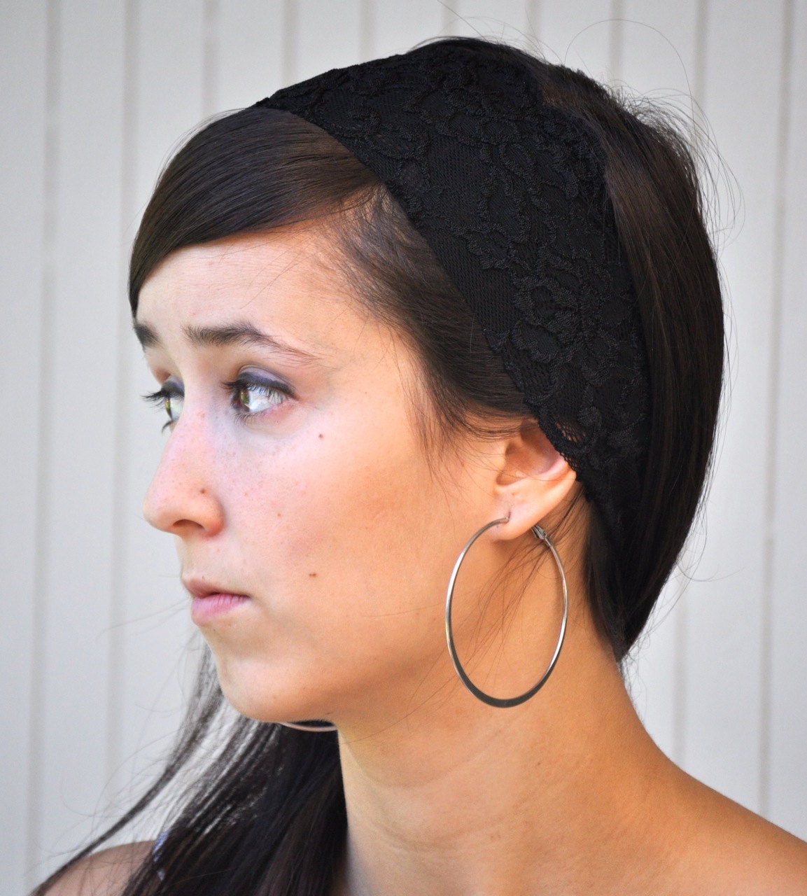 Stretch lace headband in gray blue, moss green, mint green  lace with black ruffled trim and other colors and varied widths.