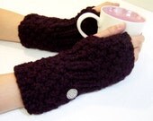 Long Chunky Knit Fingerless Mittens, Fingerless Mittens With Button Cuffs, Eggplant Purple, Aubergine