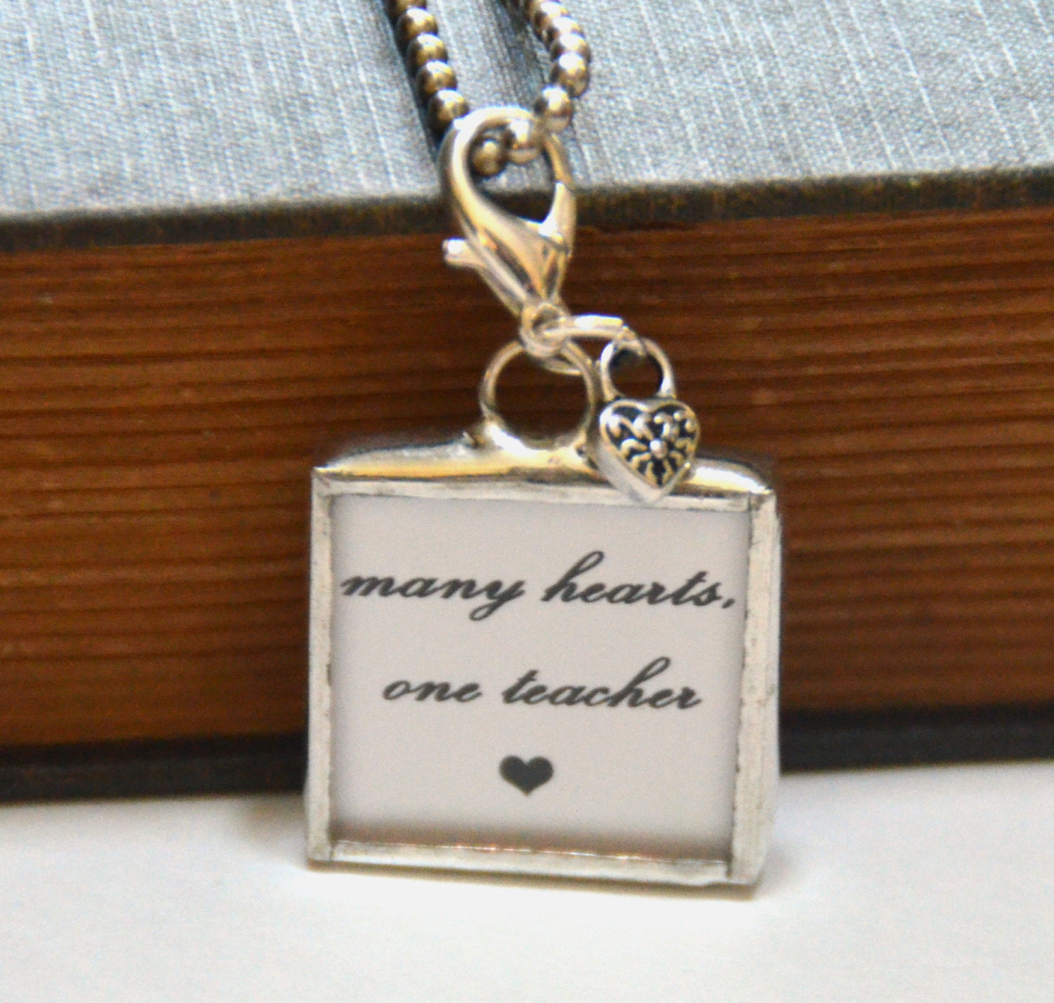 1 Inch X 1 Inch Soldered Charm Pendant Many Hearts One Teacher with Books and 30" Ball Chain