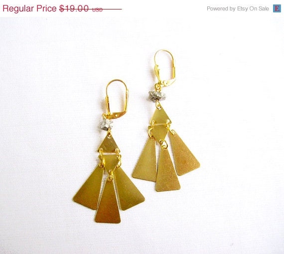 SUMMER SALE Fan Geometric Earrings,  Pyrite Triangle Brass Earrings- Tribal Inspired Jewelry