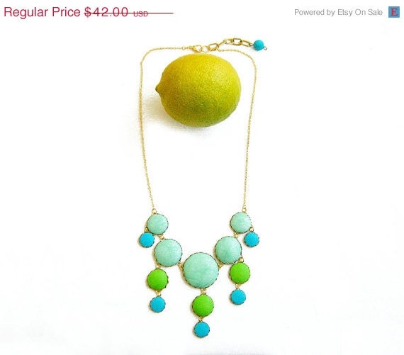 SUMMER SALE Blue Green Statement Necklace, Mint Blue, Lime Green Buuble Necklace - Color Dot Collection - Handmade Polymer Clay Statement N