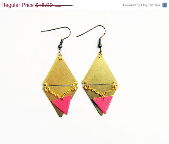 SUMMER SALE Triangle Geometric Statement Earrings, Raw Brass Rhombus Earrings with Pink Triangle Drops