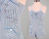 Vintage 50s blue gingham CATALINA swimsuit Romper / Bombshell PINUP playsuit