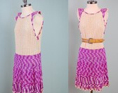 Vintage 30s CROCHET cream purple mini dress / Beautiful fan pattern hand crochet