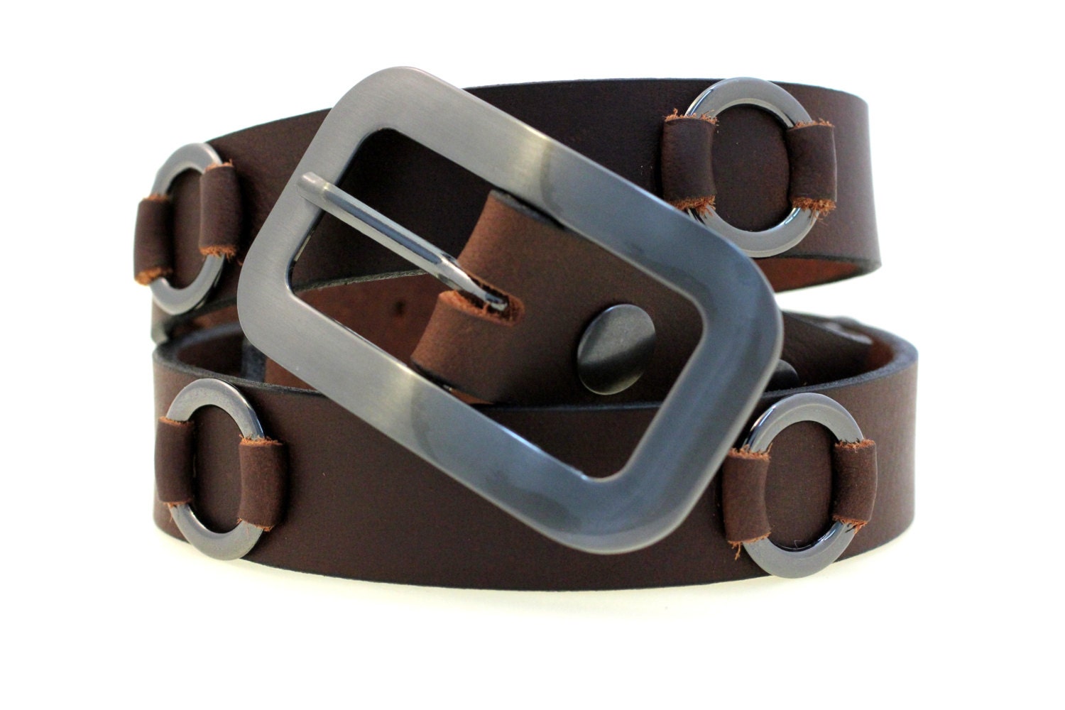 Ladies' 1 1/8" Fashion Belt Super Soft West Tan Brown Buffalo Leather Metal Ring Accents And Matching Black Square Buckle Made In USA
