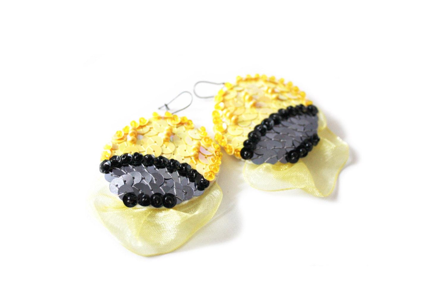 Earrings Yellow Grey Sequin Embroidered felt easter