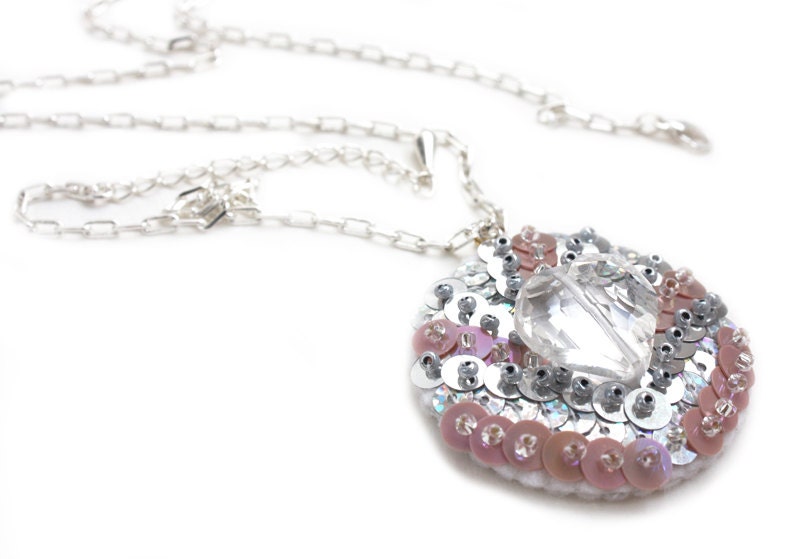 Pendant Heart Silver Pink Sequin embroidered felt
