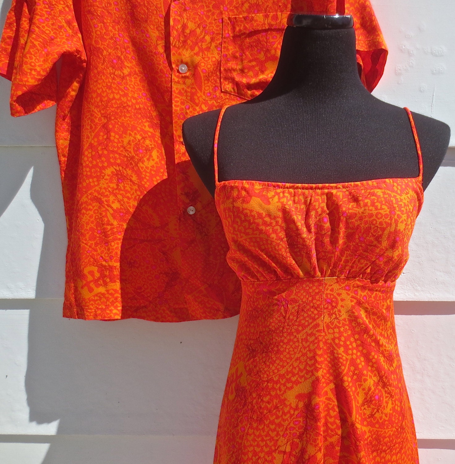 2 pc Vintage 1970's FUMI'S Flaming Orange Backless Hawaiian Maxi Dress & Hawaiian Shirt