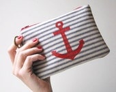 Red Anchor on Navy Blue Ticking Stripe Change Purse Screenprint