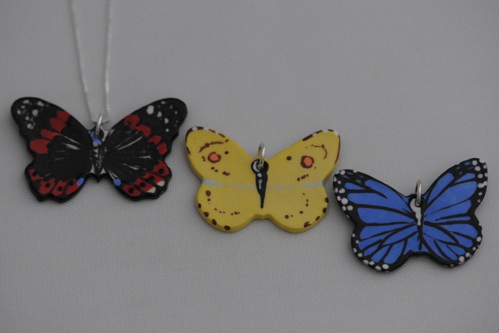 Gift Set Three Butterflies and One Sterling Silver Chain Red Admiral Butterfly Vanessa atalanta Yellow Sulfur and Blue Monarch