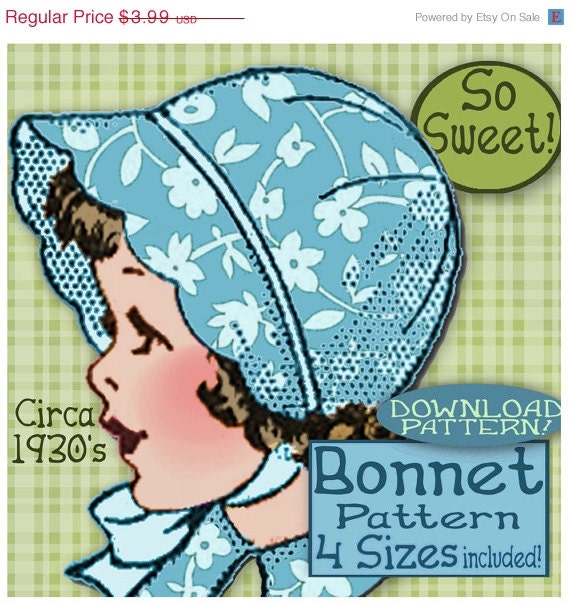 sale SCALLOPED BRIM Bonnet  4 sizes So Sweet Child Girl Toddler Baby  Fabric or Felt  Vintage 1930 e-pattern pdf