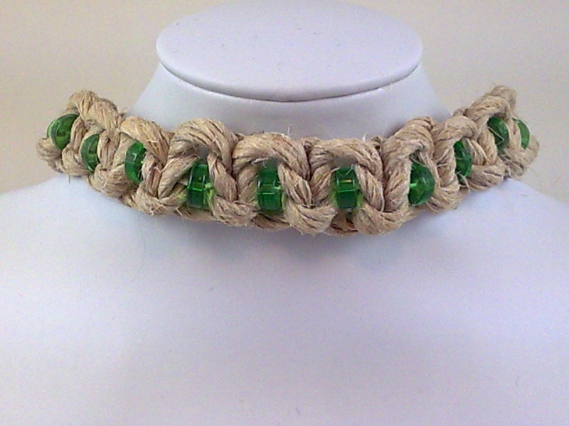 Men's Jumbo Natural Hemp Choker with Green Glass Heshi Beads