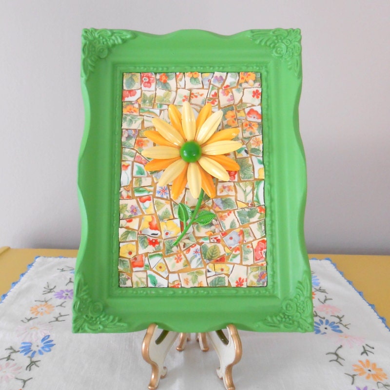 Mosaic Art. Vintage enamel brooch. Daisy picture. Ornate Green wood frame. Broken china art.Yellow and orange. Framed picture.