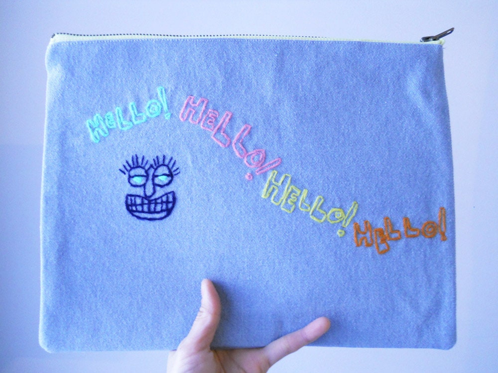 Hello Embroidered Clutch