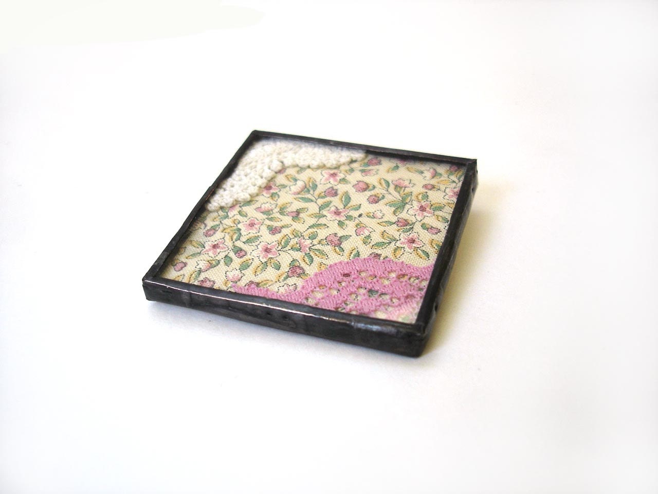 Stained glass jewelry brooch pin, vintage fabric lace floral feminine gift for her unique