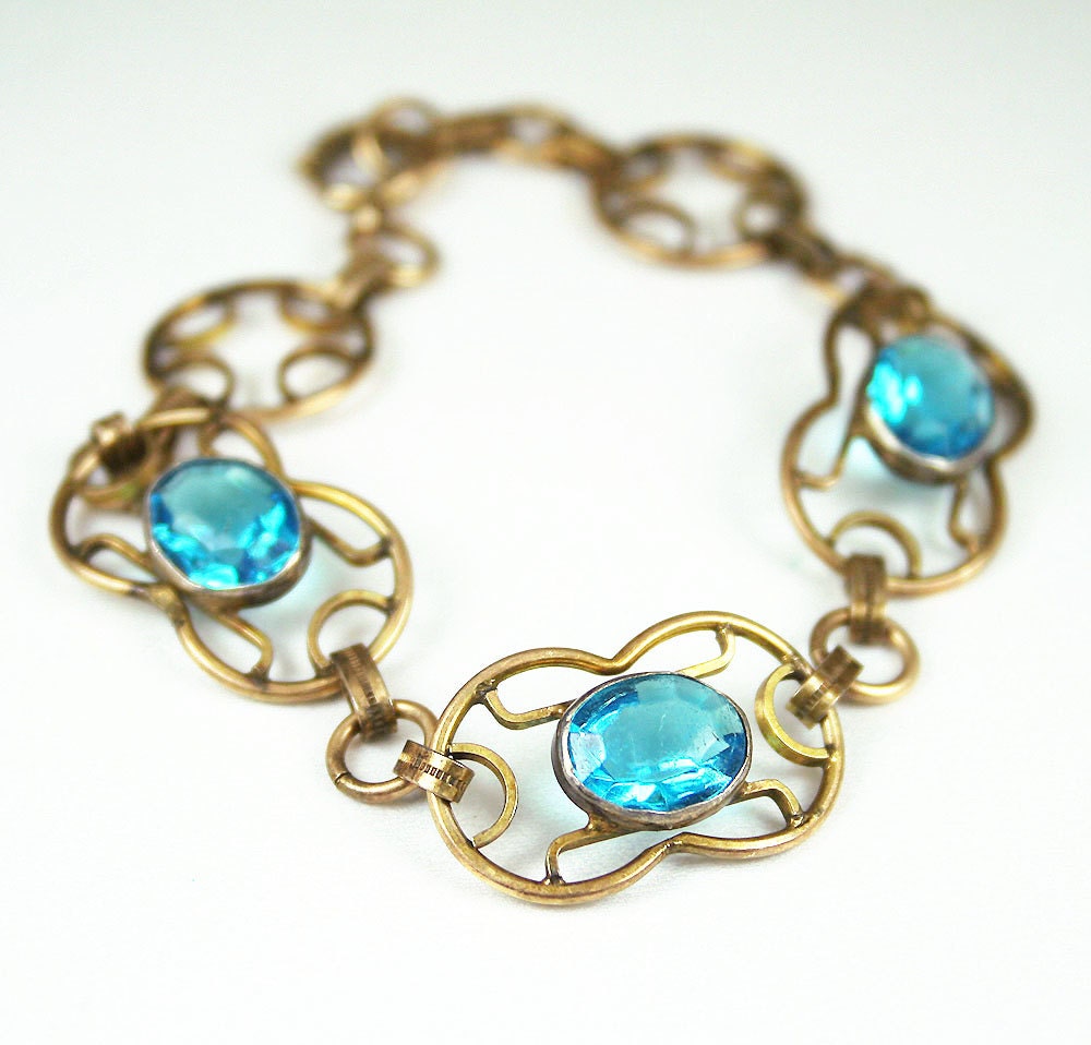 Antique Art Deco Gilt Geometric Aquamarine Glass Bracelet March Birthstone