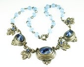 Vintage Necklace Art Deco Style Blue Glass Cabochon Bead Jewelry