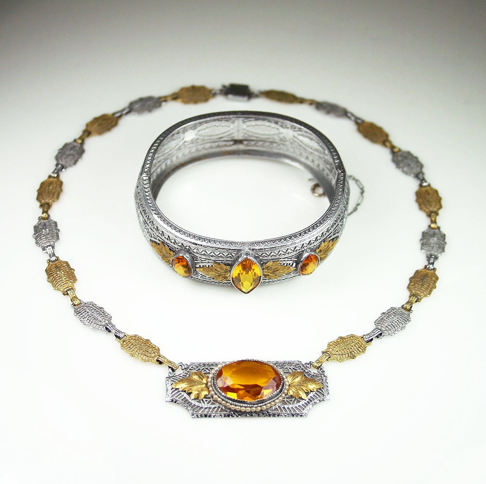 Antique PS Co Rhodium Gold Plated Filigree Amber Glass Necklace Bangle Bracelet Set