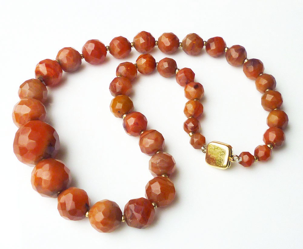 Antique Art Deco Gold Filled Faceted Carnelian Bead Necklace