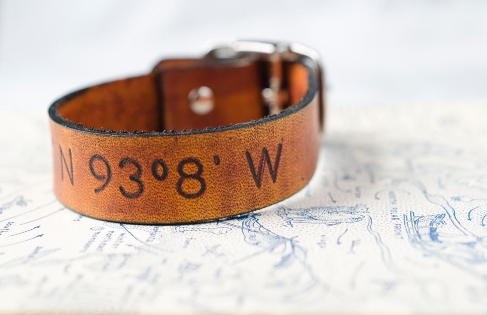 Latitude and Longitude Leather Cuff with Adjustable Buckle