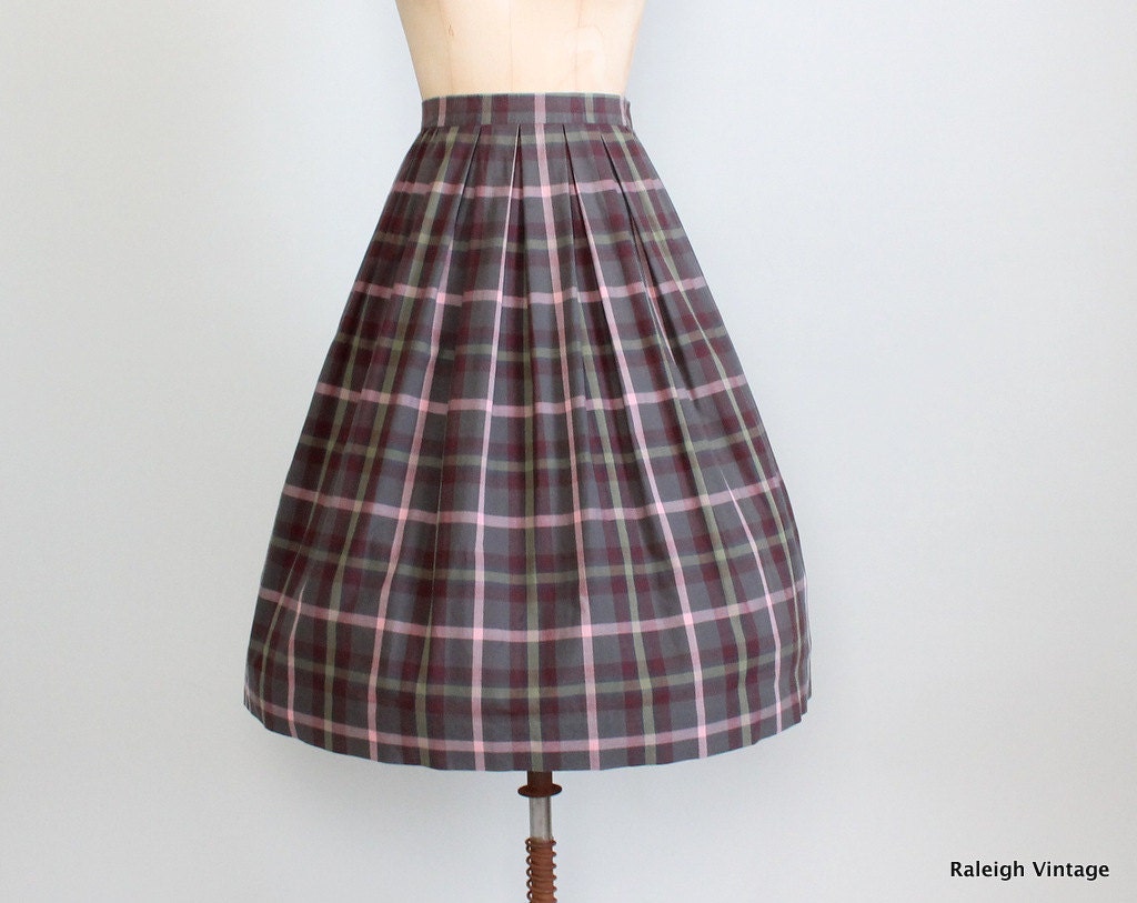 Vintage 1950s Skirt : 50s 60s Cotton Plaid Full Skirt