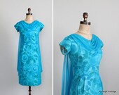 Vintage 1950s Dress : 50s 60s Floral Chiffon Party Wiggle Dress