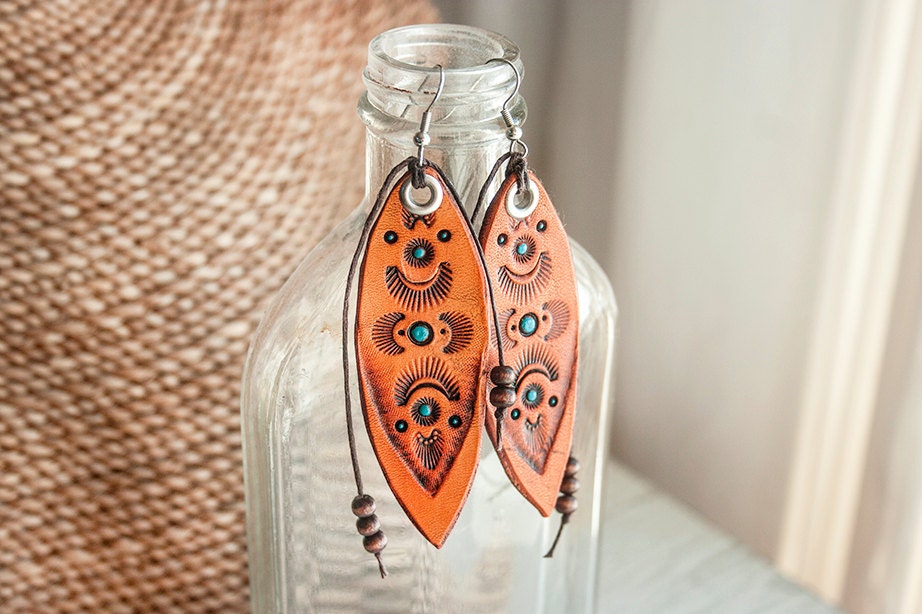 Warrior Shield Leather Earrings - hand tooled leather and tiny wooden beads - Native American design