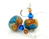 Blue Brown Earrings, Boro Glass Earrings, Lampwork Earrings, Glass Earrings, Glass Bead Earrings, Beadwork Earrings