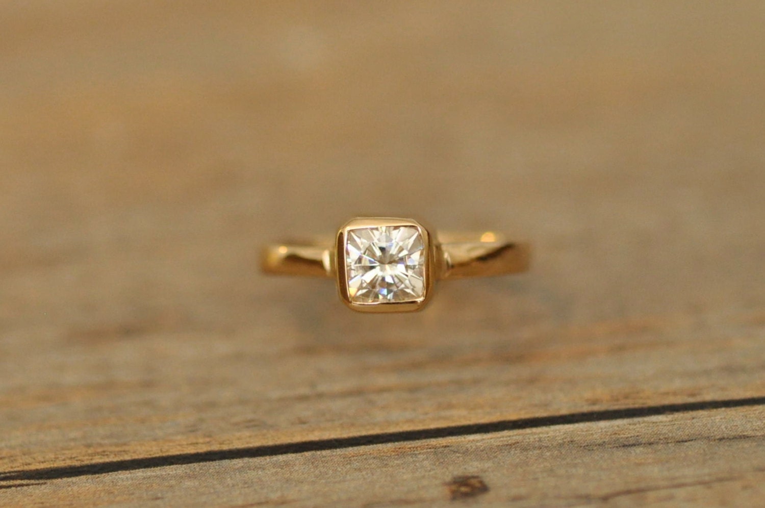 Gold and Moissanite Engagement Ring, 5mm Cushion Cut, Size 4.75