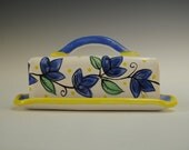 Majolica Blue Flower and Yellow Stick Butter Dish - Hand Made and Hand Painted