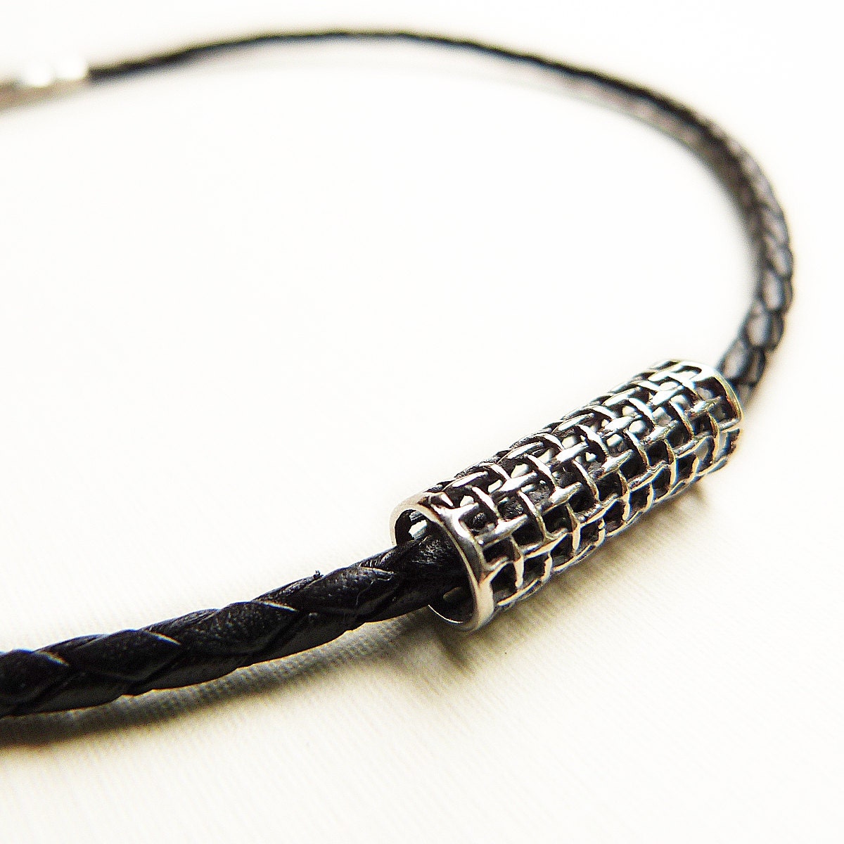Mens Leather Choker Necklace with Sterling Silver Woven Tube Pendant