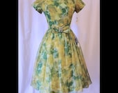 Vintage 50s Dress Green & Yellow Sunshine Flowers Georgette Summer Party Dress M NOS
