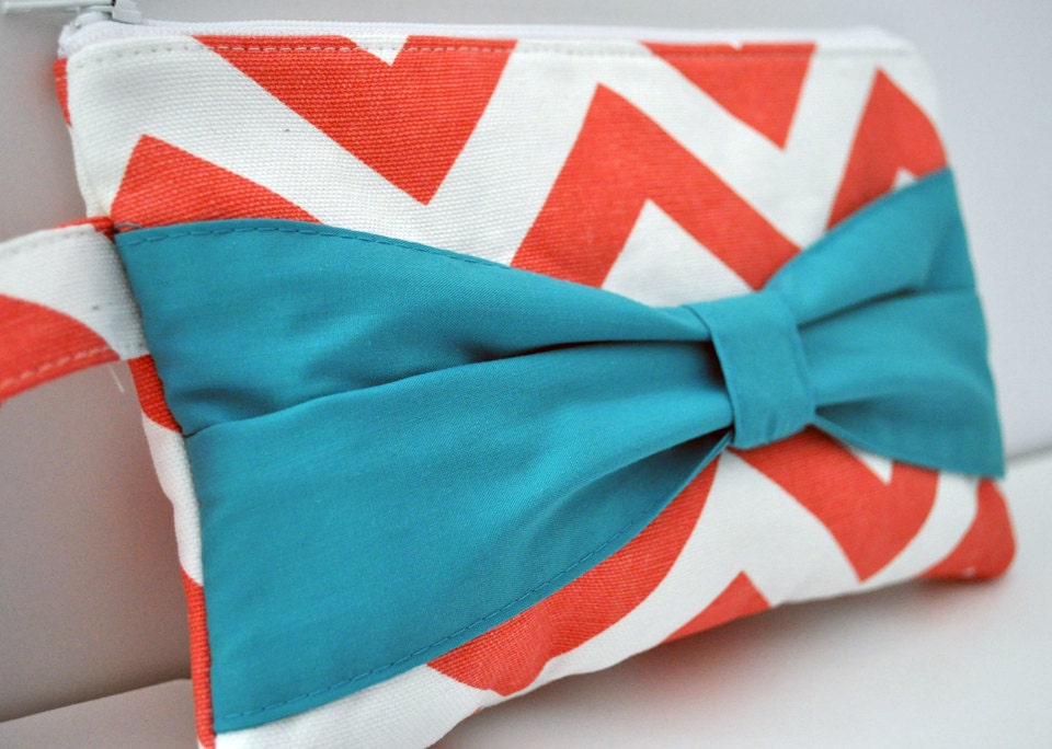 Bow Clutch in Coral Chevron with Teal Bow Bridesmaids Gift Bridal Preppy Trend