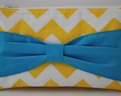 Bow Clutch in Yellow Chevron with Turquoise Bow Bridesmaids Gift Bridal Preppy Trend