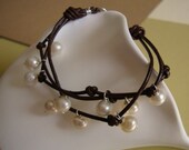 cherry blossom bud bracelet - leather and pearls - sterling silver - romantic and beachy