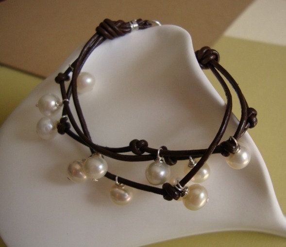 cherry blossom bud bracelet - leather and pearls - sterling silver - romantic and beachy