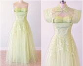 1950s Prom Dress, 50s Spearmint Green Tulle Party Dress, Strapless Shelf Bust Formal Wedding Party Dress & Bolero Jacket