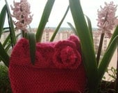Hand Knit Clutch Women Clutch Fuchsia Pink with Zippered and Crochet Pink Flowers Clutch