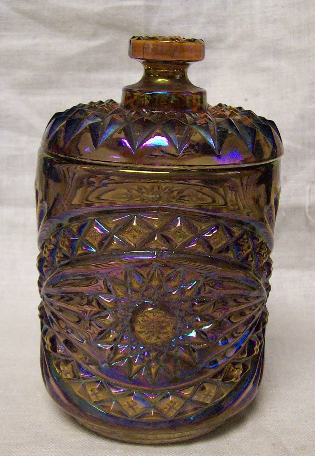 Vintage Imperial Iridescent Carnival Hobstar Glass Covered Cookie Candy Jar Canister Original Label