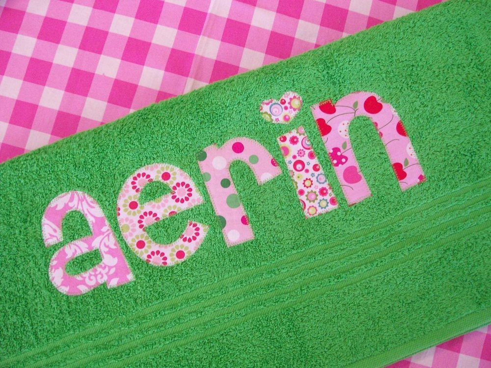 Personalized  Towel -  appliqued name -  Choose Fabric and Towel Color -  Easter,  beach, bath, pool, rest mat, birthday, Graduation